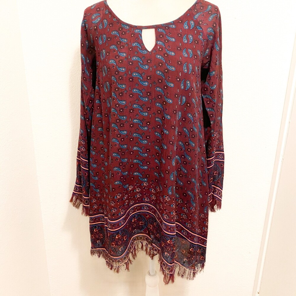 NWT CHELSEA & VIOLET Burgundy Print Fringe Pull Over BoHo Mini Dress Size XS